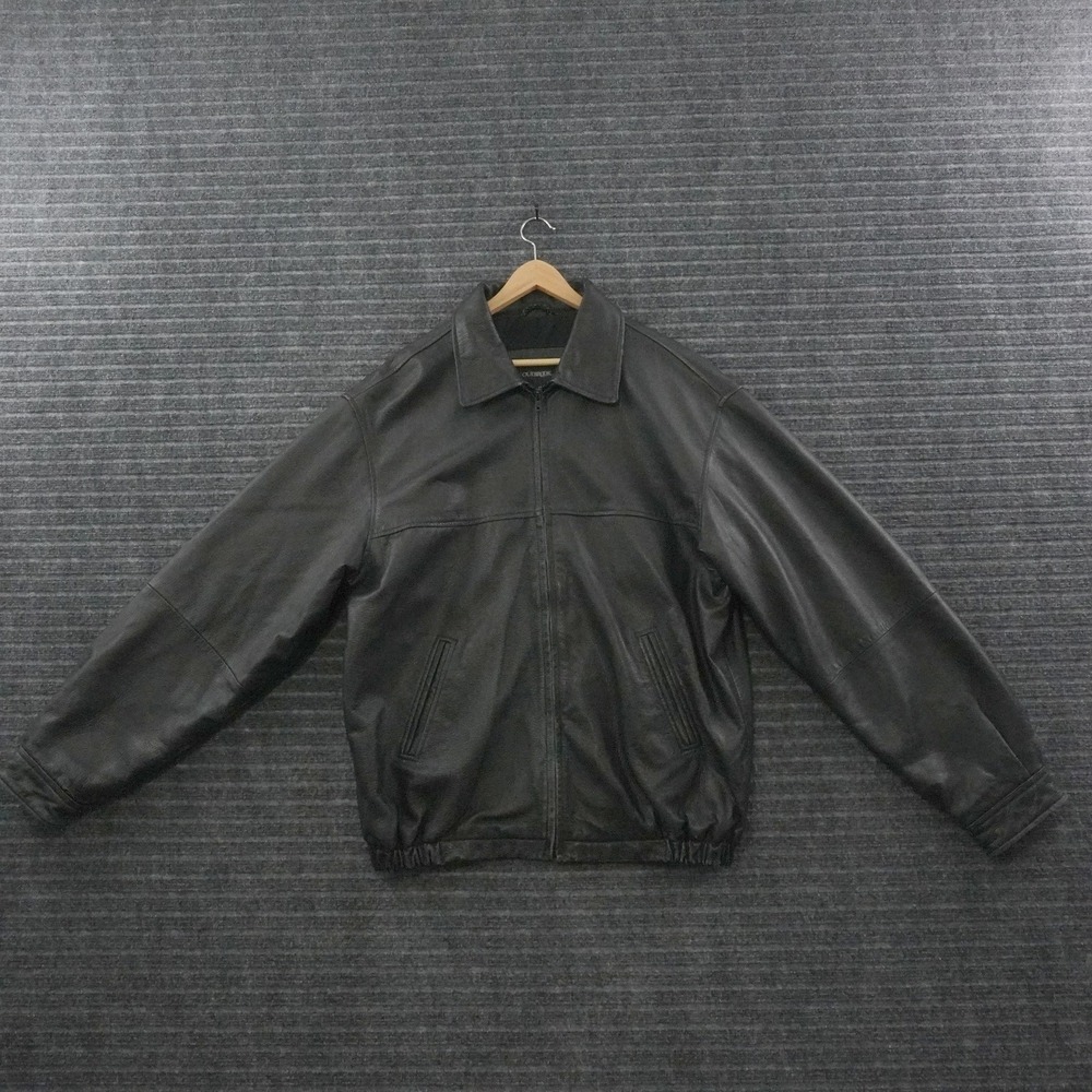 Vintage Outbrook Leather Bomber Jacket Mens LT Black Full Zip Elastic Waist